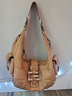 Guess Vintage Y2k Tan Ostrich-Texture Shoulder Bag with Stud Accents